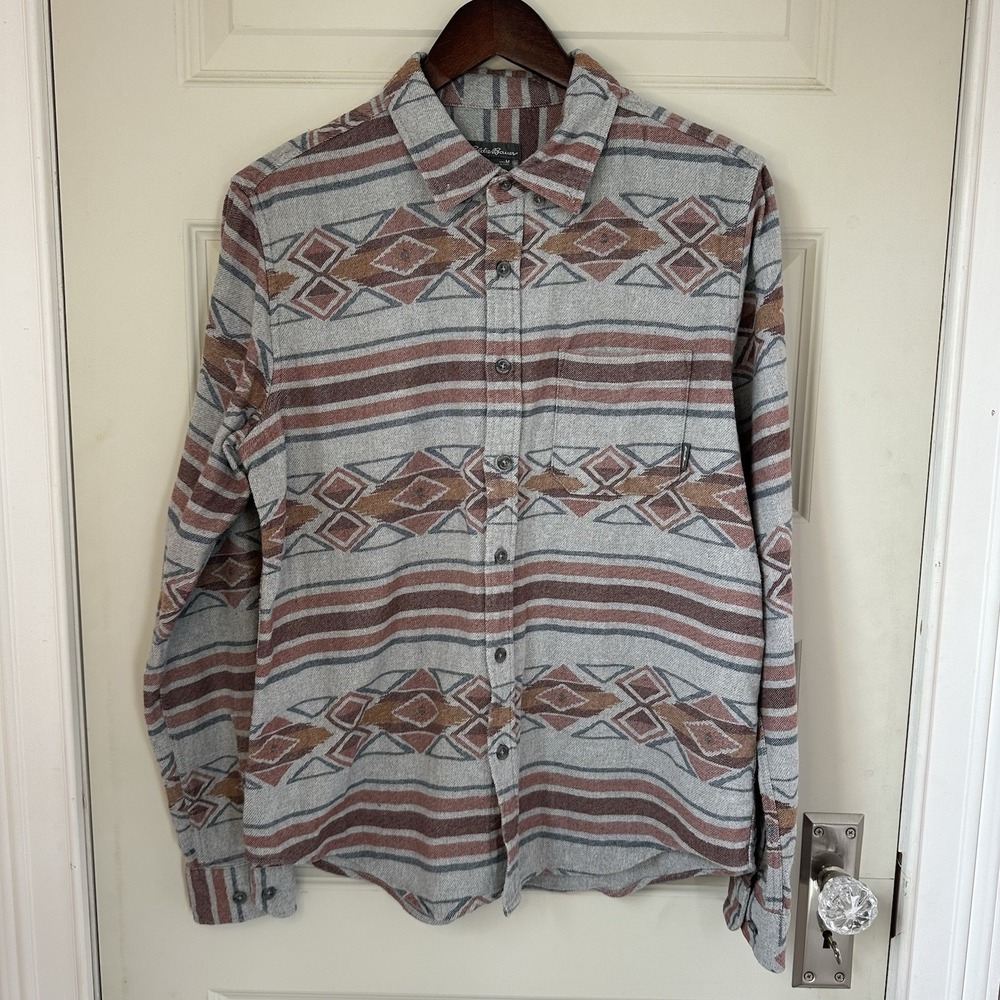 Eddie Bauer Men's Aztec Fleece Shirt Jacket Medium Long Sleeve Button Down Gray